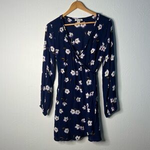 Billabong Navy Floral Wrap Dress Long Sleeve Lightweight Boho A-Line Size M